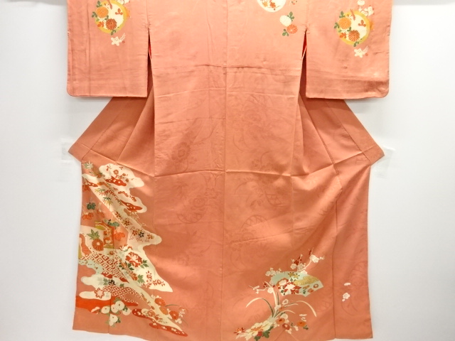 JAPANESE KIMONO / ANTIQUE KIMONO / SILK / EMBROIDERY / MON KINSHA / SHIKISHI & FLORAL CLASSICAL PATTERN